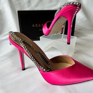 Azalea Wang Fuchsia Heels with Rhinestone Accents